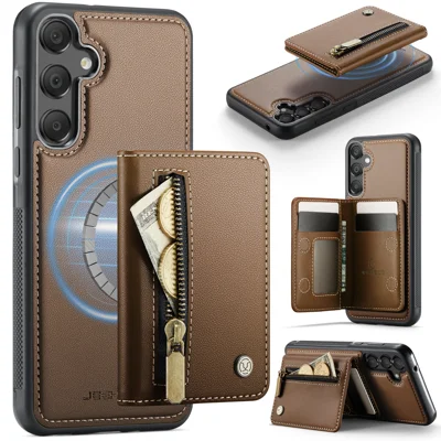 JEEHOOD For Samsung Galaxy A55 5G Case  J12 Magnetic Detachable Zipper Wallet Kickstand Leather Back Cover Magnetic Case - Brown