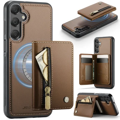 JEEHOOD For Samsung Galaxy A16 4G / Galaxy A16 5G Case  J12 Magnetic Detachable Zipper Wallet Kickstand Leather Back Cover Magnetic Case - Brown