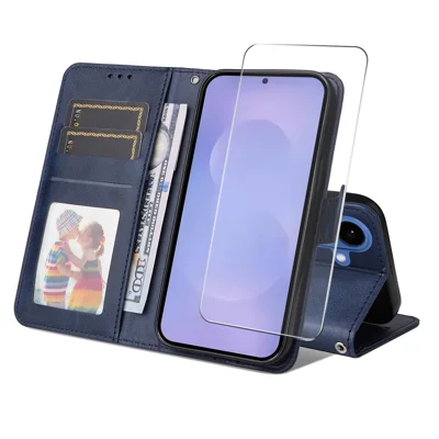 Für Samsung Galaxy S26 / Galaxy S26 Pro ENKAY HAT PRINCE Brieftasche Hülle Leder Telefon Ständer Cover mit 0,18 mm Bildschirmschutz, Ultraschall-Fingerabdruckentsperrung - Blau