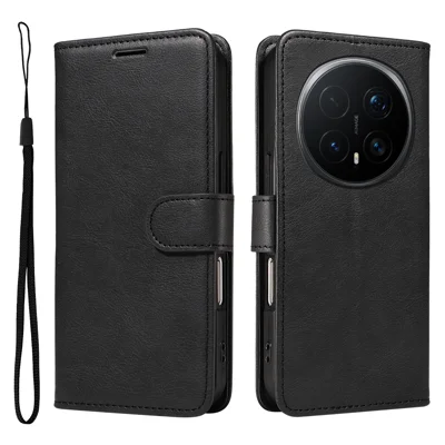 Voor Honor Magic8 Pro 5G Leren Portemonnee Hoesje met Bandje Effen Kleur Telefoonstandaard Hoes - Zwart