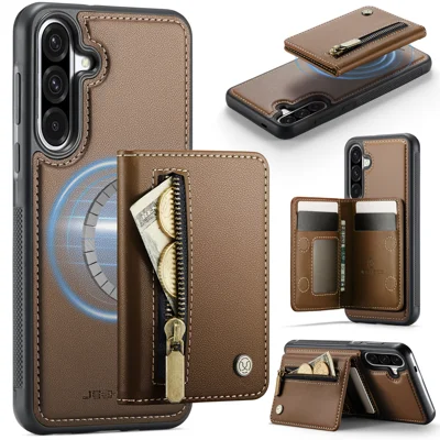 JEEHOOD For Samsung Galaxy A36 5G Case  J12 Magnetic Detachable Zipper Wallet Kickstand Leather Back Cover Magnetic Case - Brown