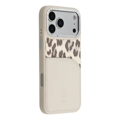 JAUCASE For iPhone 17 Pro Magnetic Case Leopard Print Card Holder PU TPU PC Phone Back Cover - White
