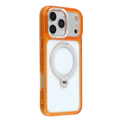 JAUCASE Capa para iPhone 17 Pro Glitter Kickstand Rhinestone Lens Frame TPU + PC - Laranja Transparente