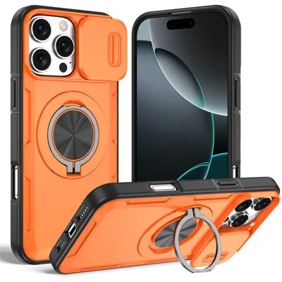 For iPhone 16 Pro Max Magnetic Case Slide Camera Cover Rotary Kickstand PC + TPU Phone Shell - Orange