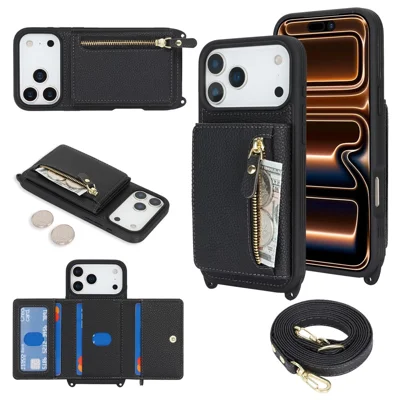 For iPhone 17 Pro Case Card Bag Ring Holder Litchi-structuur Leren+TPU Telefoonhoes met Lange Band - Zwart