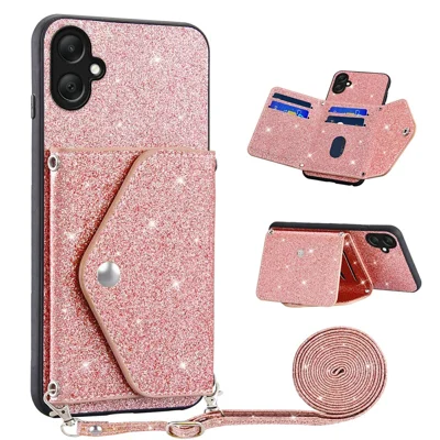 Card Holder Kickstand Case for Samsung Galaxy A08 5G / A08 4G / A07 4G / A06 4G / A06 5G PU Leather + TPU Glitter Phone Cover with Shoulder Strap - Pink