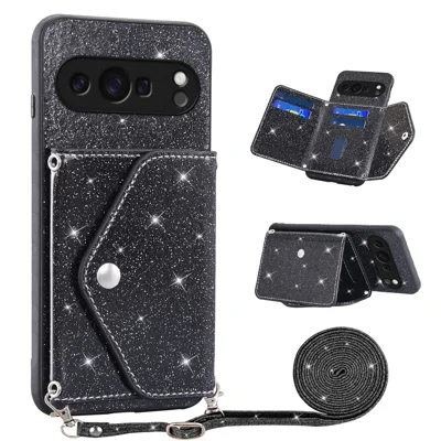 For Google Pixel 9 Pro XL Case Card Holder Kickstand PU Leather + TPU Glitter Phone Cover with Shoulder Strap - Black