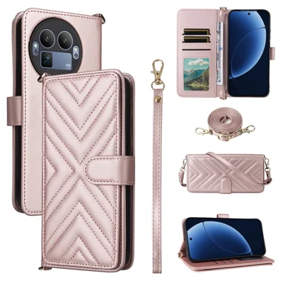 For Realme GT 8 Pro 5G Leather Case Stand Wallet Phone Cover with Shoulder / Wrist Strap - Pink