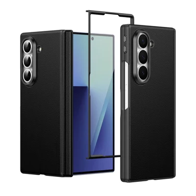 For Samsung Galaxy Z Fold6 5G Magnetic Case Hinge Protection Leather PC Phone Cover with Smart Side Button / Tempered Glass Film - Black