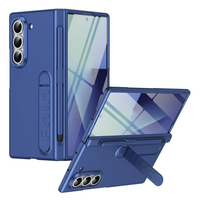 For Samsung Galaxy Z Fold6 5G Case Kickstand Hard PC Phone Cover with Tempered Glass Film / Stylus / Pen Slot - Sapphire