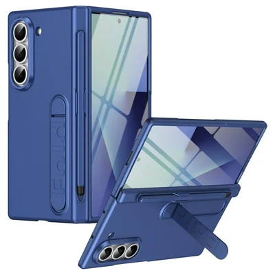 For Samsung Galaxy Z Fold5 5G Case Kickstand Hard PC Phone Cover with Tempered Glass Film / Stylus / Pen Slot - Sapphire