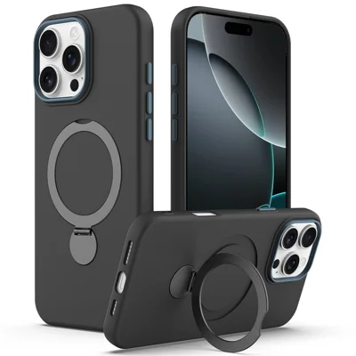 Funda para iPhone 16 Pro compatible con MagSafe, anillo giratorio, soporte, TPU + PC, cubierta trasera del teléfono - Negro