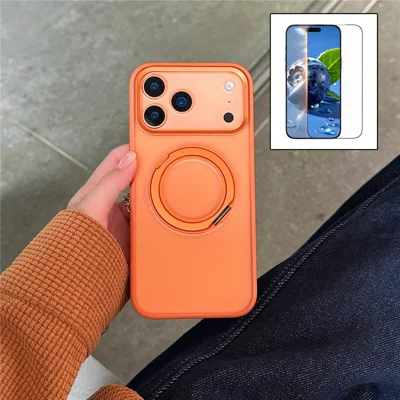 Funda con soporte para iPhone 17 Pro Max compatible con MagSafe, de silicona mate y PC acrílico, con película protectora de pantalla - Naranja