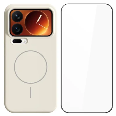 For Xiaomi 17 Pro Max Liquid Silicone Case Kompatibel med MagSafe Stødfast Telefonbeskyttelse med Skærmprotector - Antique White