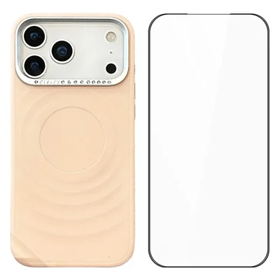 For iPhone 17 Pro Max Case Magnetic Case Ripple Texture Rhinestone Decor Lens Frame TPU Phone Cover with Tempered Glass Screen Film - Pink