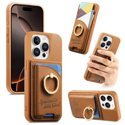 For iPhone 15 Pro Case Card Holder Rhinestone Ring Holder Kickstand Leather Back Phone Cover - Brown