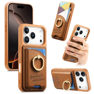 Capa para iPhone 17 Pro Max com Porta-Cartões, Suporte de Anel de Strass, Suporte e Couro Traseiro - Marrom