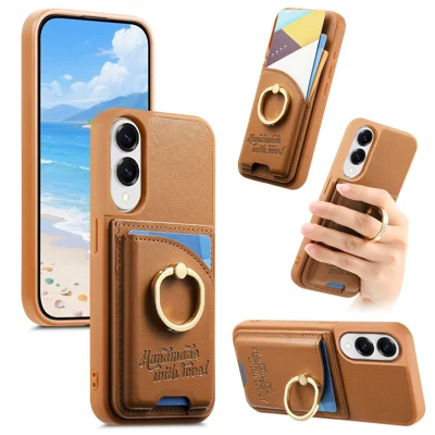 For Samsung Galaxy S25 Edge Case Card Holder Rhinestone Ring Holder Kickstand Leather Back Phone Cover - Brown
