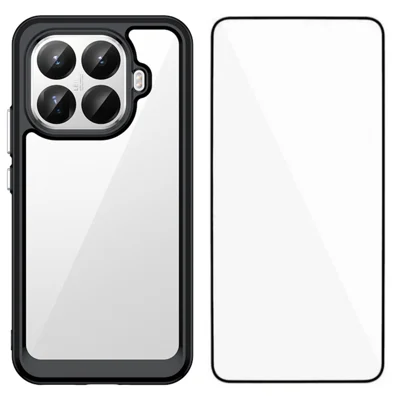 Xiaomi 15T Pro Handyhülle WANLONFENG XC Serie TPU Acryl-Abdeckung mit gehärtetem Glas (großes Linsenloch) - Schwarz