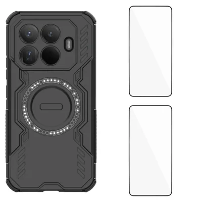 Xiaomi 15T Pro Magnetische Hülle WANLONFENG DJ-Serie PC TPU Handyhülle mit 2 Stück Hartglas-Folie - Schwarz