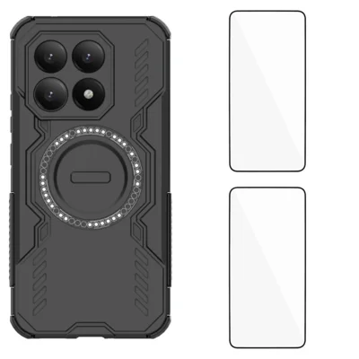 Xiaomi 15T Magnetische Hülle WANLONFENG DJ-Serie PC TPU Handyhülle mit 2 Stück Gehärtetem Glasfilm - Schwarz