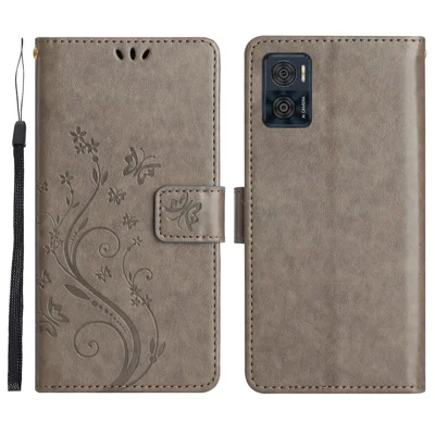 For Motorola Moto E22 4G Flower Butterfly Imprinted Protective Cover PU Leather Phone Wallet Function Stand Anti-drop Case - Grey