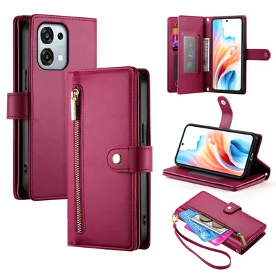 Leather Case For Oppo F31 5G  /  A6 Pro 5G  /  A6 Pro 4G Zipper Pocket Wallet Phone Cover with Straps - Red