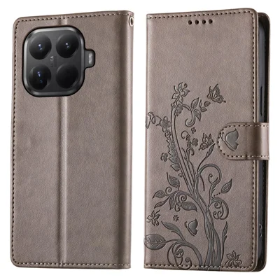 For Xiaomi 15T Pro Wallet Case Butterfly Floral Imprint PU Leather Phone Cover with Wrist Strap - Grey