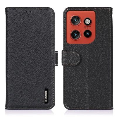 KHAZNEH Wallet Case For Motorola Edge 60 Neo 5G / Edge 50 Neo 5G / Moto S50 5G / ThinkPhone 25 5G Genuine Cow Leather Flip Phone Cover - Black