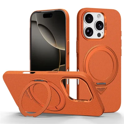 SULADA For iPhone 16 Pro Max Kickstand Magnetic Case Grid Textured Anti Fingerprint Phone Cover - Orange