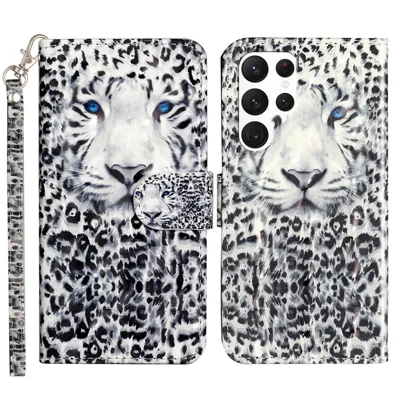 For Samsung Galaxy S23 Ultra 3D Pattern Printing PU Leather Flip Wallet Case Stand Magnetic Shockproof Protective Phone Cover with Strap - Leopard