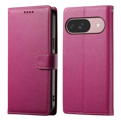 Bulk Purchasing Leather Case for Google Pixel 10 Pro / 10 / 9 Pro / 9 Magnetic Snap Litchi Texture Wallet Phone Cover with Wrist Strap - Rose