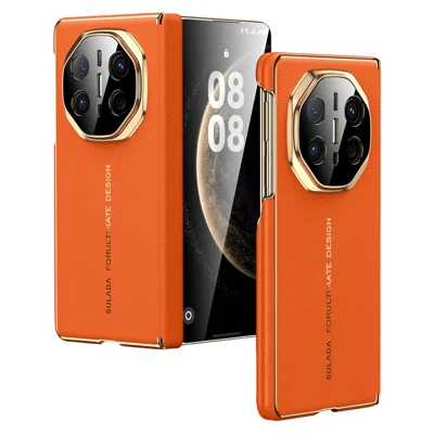 SULADA لجهاز Huawei Mate X6 غطاء مغناطيسي بتصميم محور مزدوج حماية للمفصل جلد بقري أصلي + غطاء هاتف من مادة PC - برتقالي