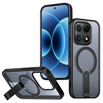 Custodia magnetica Xiaomi 17 con supporto, texture a griglia, TPU PC, cover posteriore per telefono - Nero