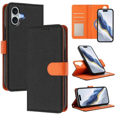 For iPhone 16 Plus Leather Case Compatible with MagSafe Detachable Wallet Phone Cover with Hand Strap - Black / Orange