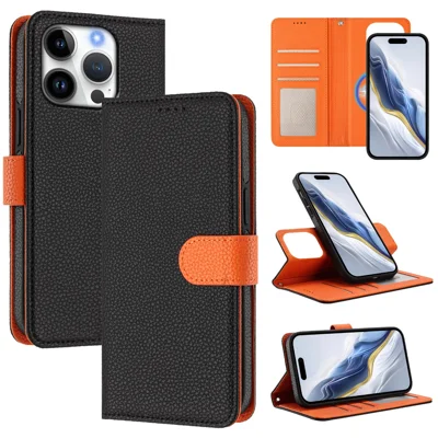Funda de cuero compatible con iPhone 16 Pro con MagSafe, funda de teléfono desmontable con correa de mano - Negro / Naranja