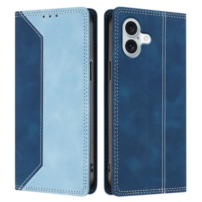 For iPhone 16 Plus Leather Case Skin Touch Color Splicing RFID Blocking Wallet Stand Phone Cover - Dark Blue / Blue