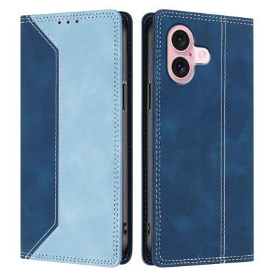 Für iPhone 16 Lederhülle Skin Touch Farbsplitting RFID-blockierende Brieftasche Ständer Handyhülle - Dunkelblau / Blau