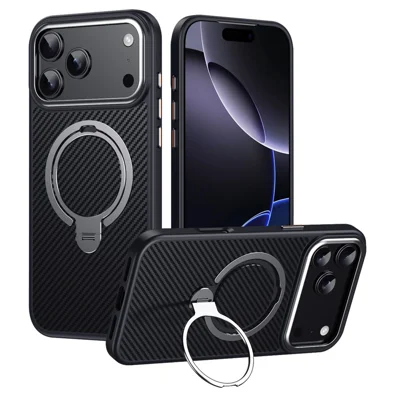 För iPhone 17 Pro Max Skal Kompatibel med MagSafe PC + TPU Telefonhölje Med Ringhållare Kolvätefiberstruktur - Silver