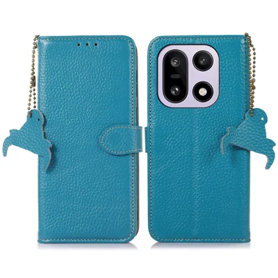 Étui pour OnePlus 15 5G Blocage RFID Véritable Cuir de Vache Housse de Téléphone Texture Litchi - Bleu