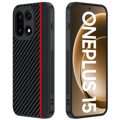 Obudowa na OnePlus 15 5G, skórzana obudowa z twardym pokrowcem PC, faktura węglowej, kolor czarny / czerwony