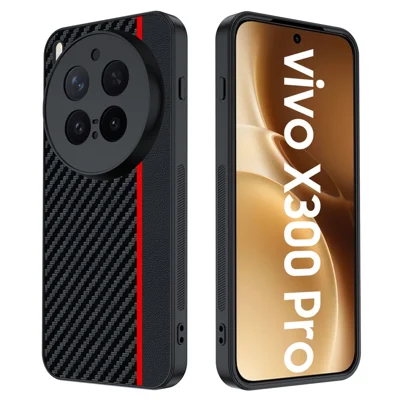 Funda de cuero para Vivo X300 Pro 5G + Tapa dura de PC Textura de fibra de carbono - Negro / Rojo