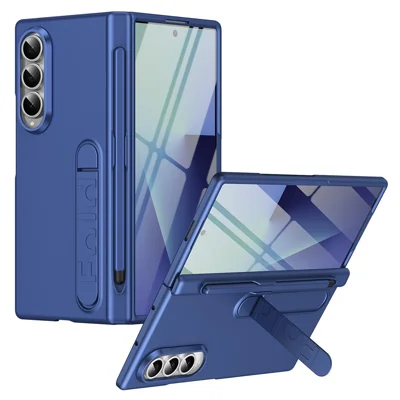 For Samsung Galaxy Z Fold4 5G Case Kickstand Hard PC Phone Cover with Tempered Glass Film / Stylus / Pen Slot - Sapphire