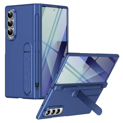For Samsung Galaxy Z Fold3 5G Case Kickstand Hard PC Phone Cover with Tempered Glass Film / Stylus / Pen Slot - Sapphire