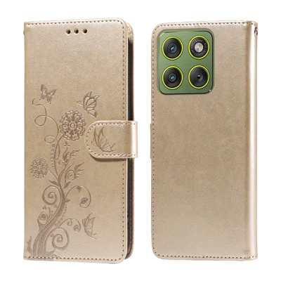 Capa de Couro para Motorola Edge 70 5G com Impressão Floral de Borboleta, Carteira com Suporte - Dourada