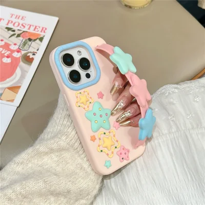 For iPhone 15 Pro Max Silicone Case with Wristband Kickstand Cute Star Design Shockproof Phone Back Cover