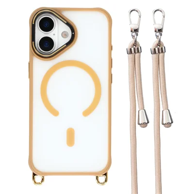 For iPhone 16 Plus Case Compatible with MagSafe PC TPU Phone Cover with Adjustable Lanyard / Camera Frame Kickstand - Brown
