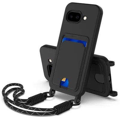 For Google Pixel 9a Liquid Silicone Case  Phone Back Cover with Card Holder and Short Strap - Black