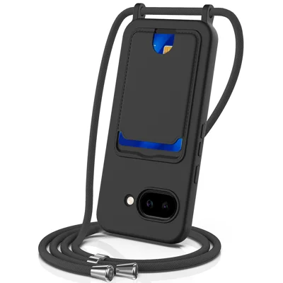 For Google Pixel 9a Case Liquid Silicone Card Holder Back Phone Cover with Lanyard - Black