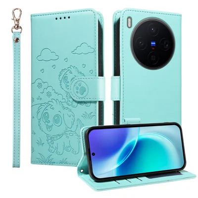 Für vivo X300 5G-Hülle RFID-Blockierung Geprägtes Hundemuster PU-Leder-Handyhülle mit Handgelenkschlaufe - Grün
